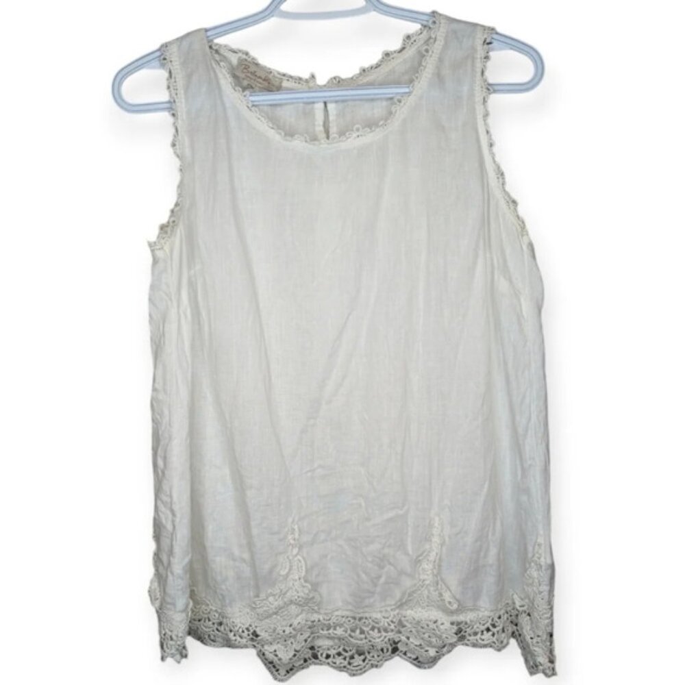 Bellambra Italian 100 Linen White Lace Detail  Sleeveless Blouse Women Small